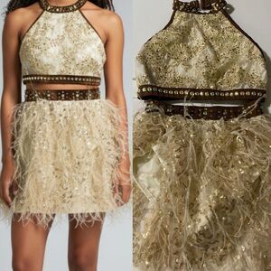 Glamour solo dance costume 2 piece cream tan feather embellished SA adult